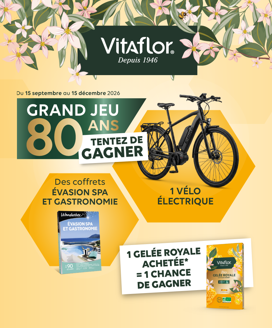 Vitaflor - Du 15 septembre au 15 décembre 2026 - Grand jeu 80 ans - Tentez de gagner 1 vélo électrique et des coffrets Evasion SPA et gastronomie - 1 gelée royale achetée* = 1 chance de gagner